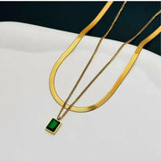 Gold Layered Necklace with Green Stone
